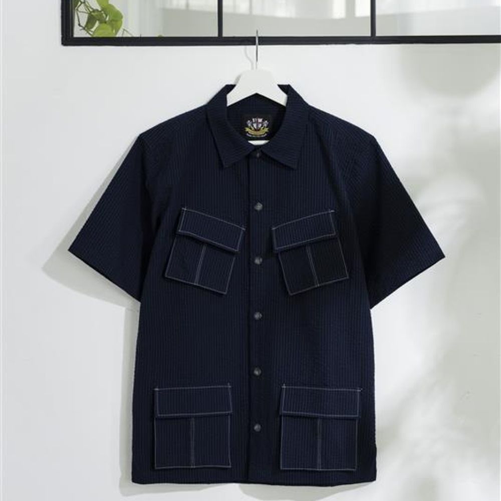 【717】ファティーグシアサッカー半袖シャツ(日・ヘリンボーンクラブ)(週刊新潮紹介)