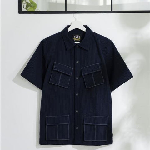 【717】ファティーグシアサッカー半袖シャツ(日・ヘリンボーンクラブ)(週刊新潮紹介)