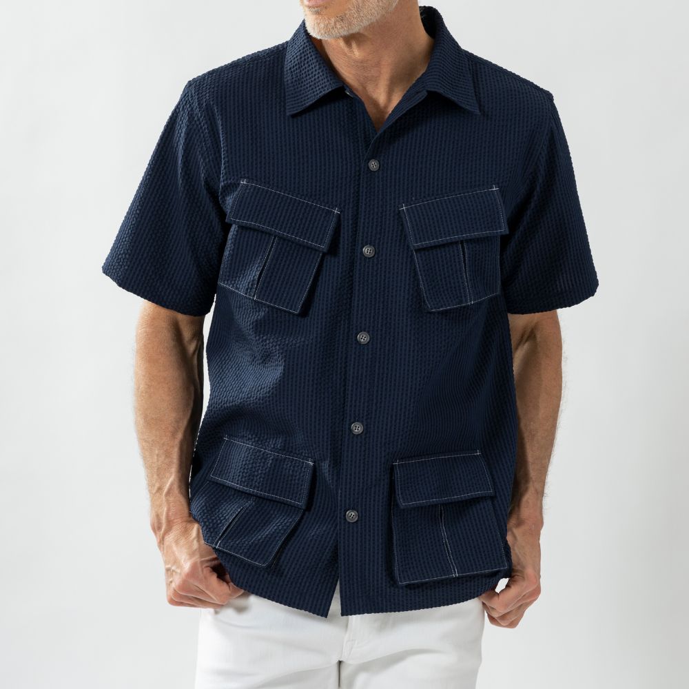 【717】ファティーグシアサッカー半袖シャツ(日・ヘリンボーンクラブ)(週刊新潮紹介)